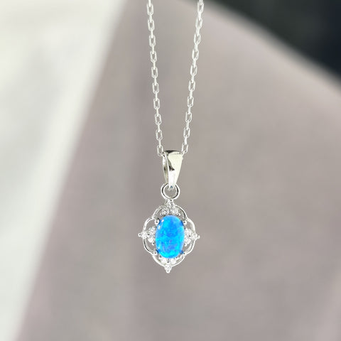 Sterling Silver Filigree Opal Necklace - White or Blue