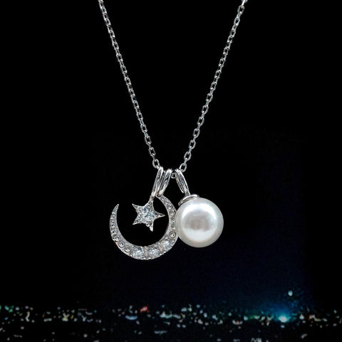 Sterling Silver Moon Star Pearl Necklace